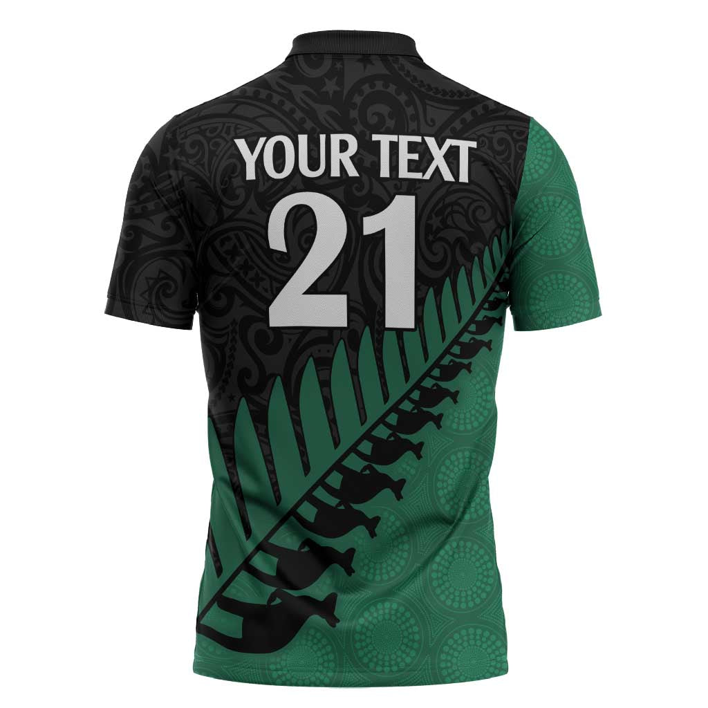Australia New Zealand Rugby Zipper Polo Shirt Green Aboriginal Wallabies and Maori Black Fern - Aussie Hoodie