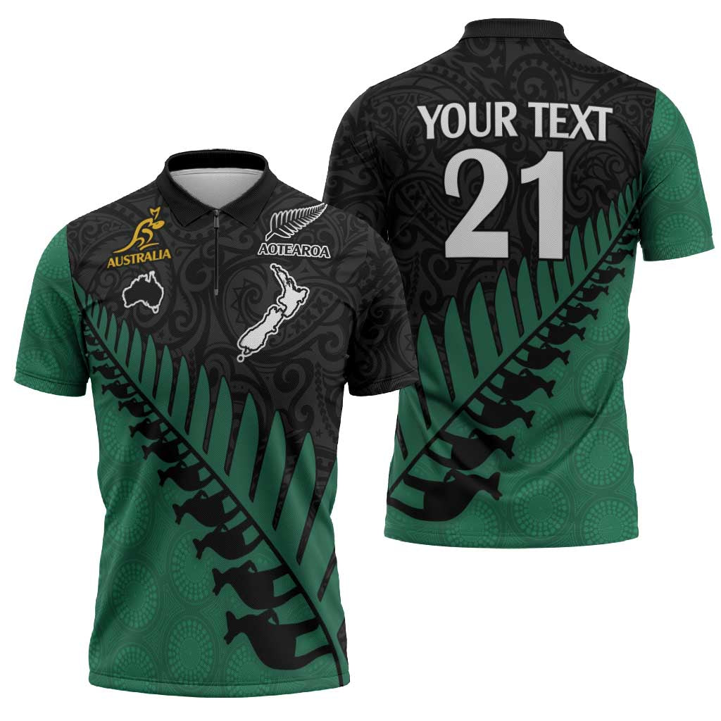 Australia New Zealand Rugby Zipper Polo Shirt Green Aboriginal Wallabies and Maori Black Fern - Aussie Hoodie