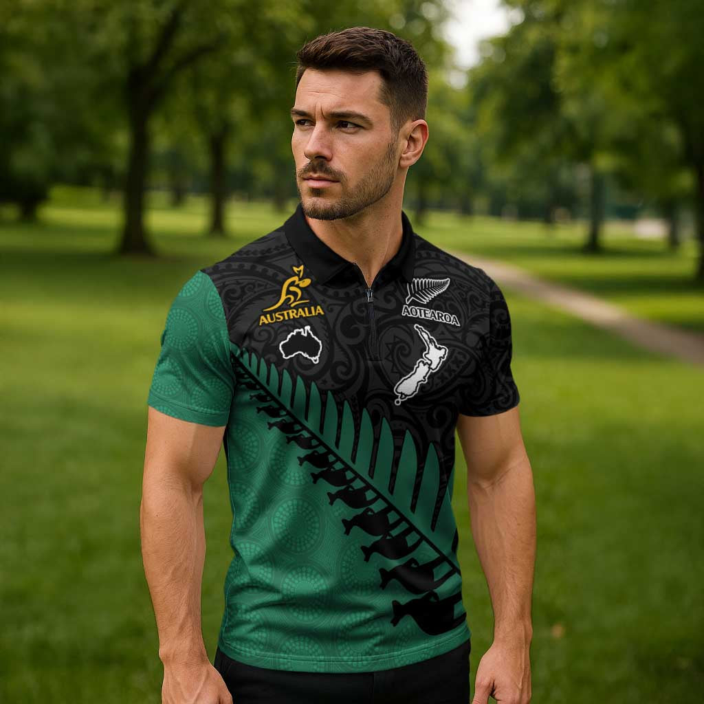 Australia New Zealand Rugby Zipper Polo Shirt Green Aboriginal Wallabies and Maori Black Fern - Aussie Hoodie