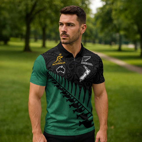 Australia New Zealand Rugby Zipper Polo Shirt Green Aboriginal Wallabies and Maori Black Fern - Aussie Hoodie