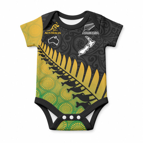 Australia Wallabies and Aotearoa Rugby Baby Onesie Kangaroo Black Fern Maori Gradient Vibe