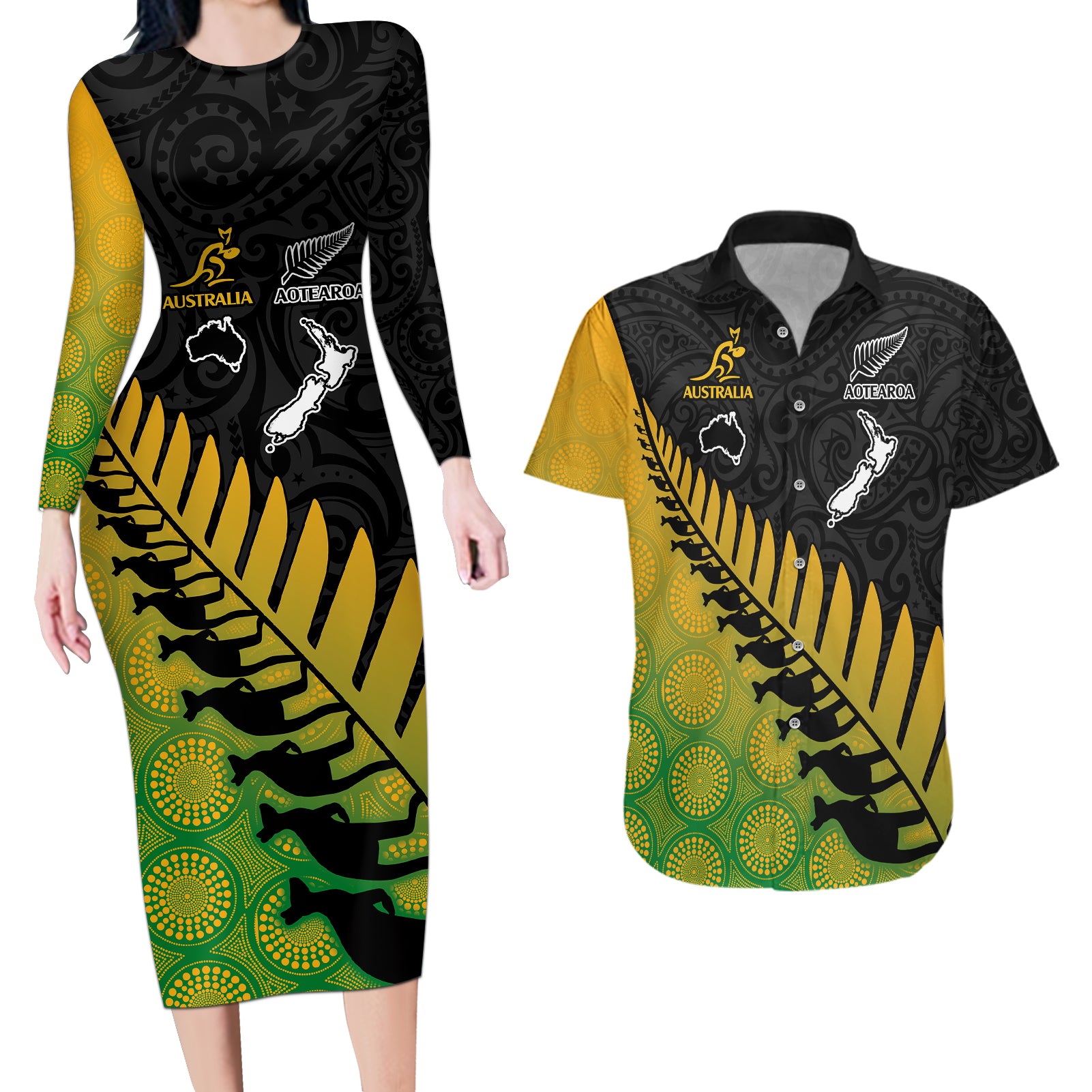 australia-wallabies-and-aotearoa-rugby-couples-matching-long-sleeve-bodycon-dress-and-hawaiian-shirt-kangaroo-black-fern-maori-gradient-vibe