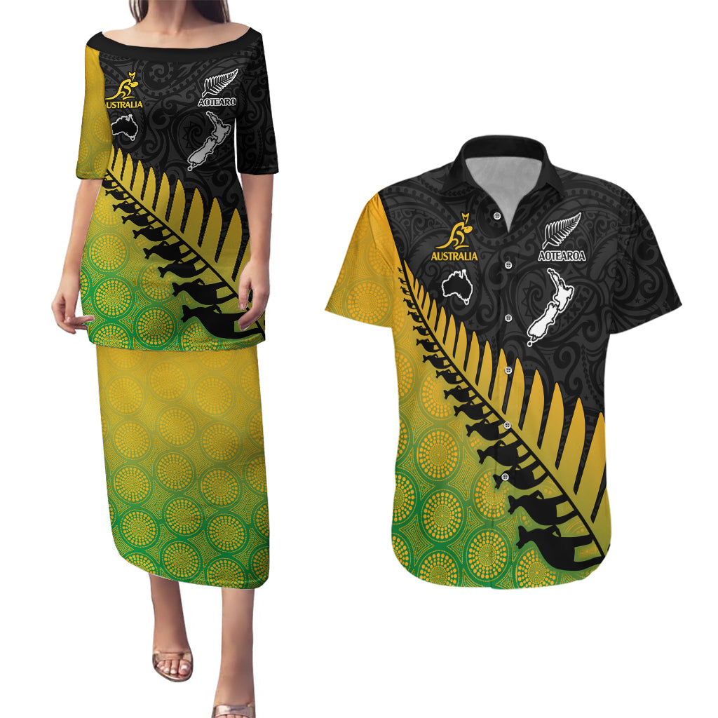 australia-wallabies-and-aotearoa-rugby-couples-matching-puletasi-dress-and-hawaiian-shirt-kangaroo-black-fern-maori-gradient-vibe