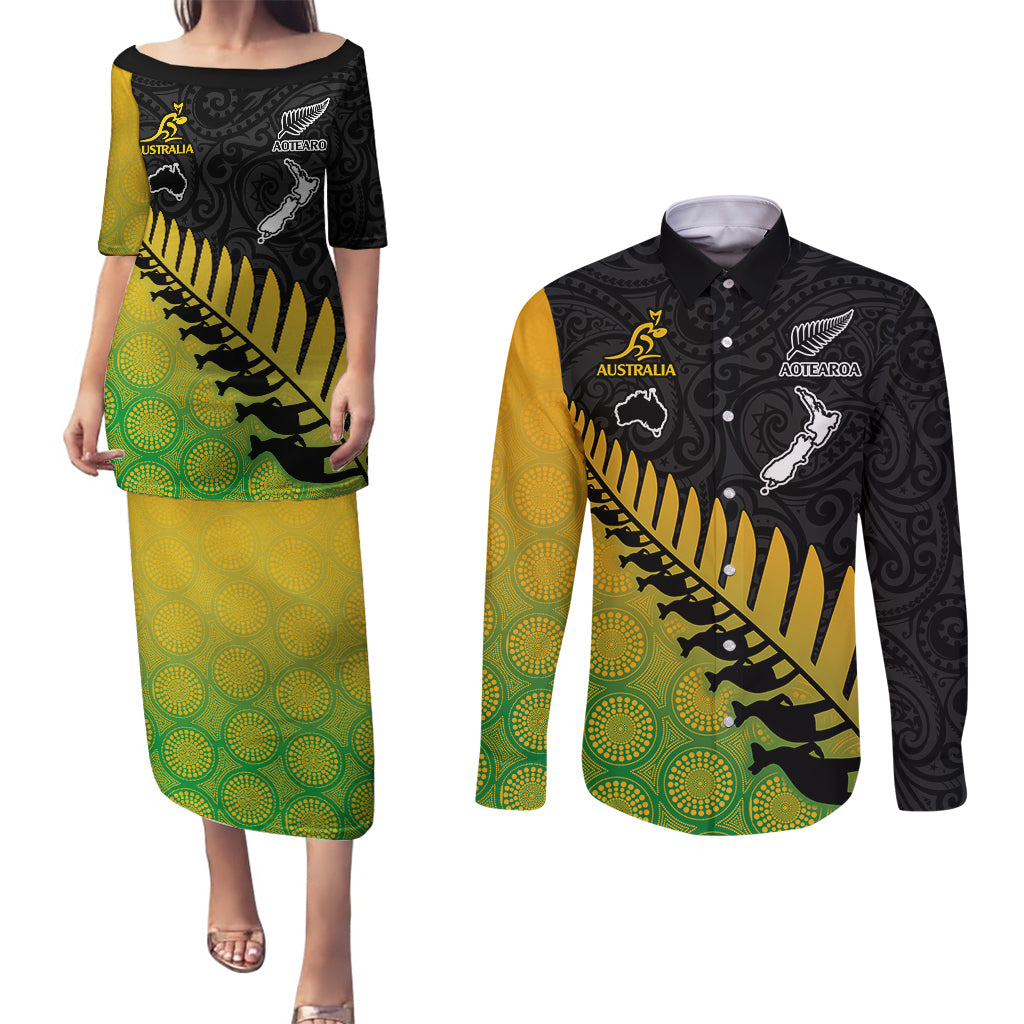 australia-wallabies-and-aotearoa-rugby-couples-matching-puletasi-dress-and-long-sleeve-button-shirts-kangaroo-black-fern-maori-gradient-vibe