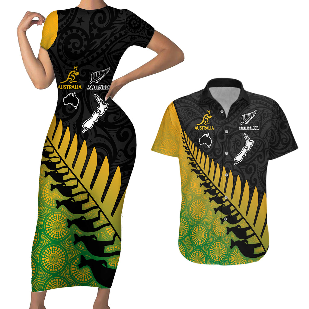 australia-wallabies-and-aotearoa-rugby-couples-matching-short-sleeve-bodycon-dress-and-hawaiian-shirt-kangaroo-black-fern-maori-gradient-vibe