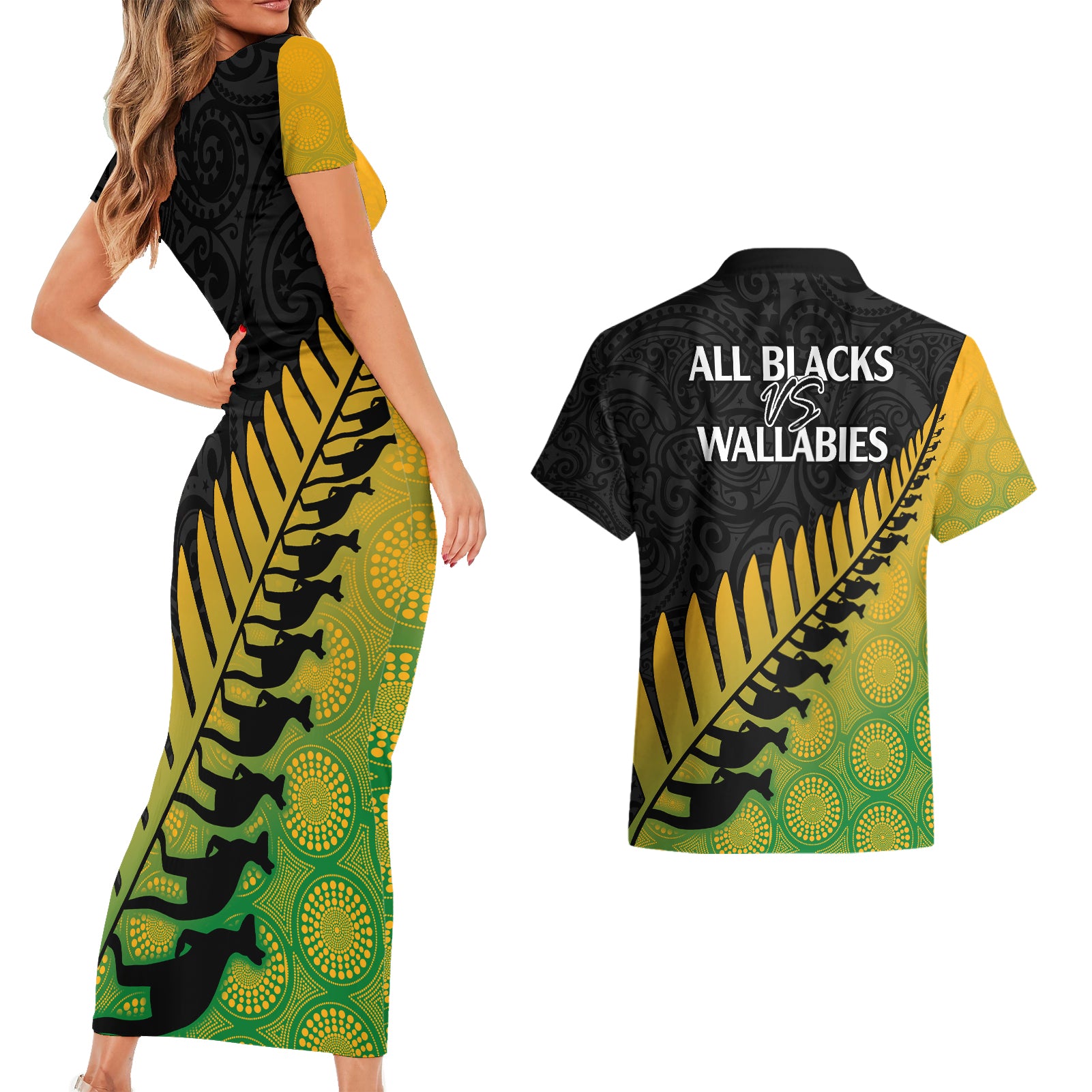 australia-wallabies-and-aotearoa-rugby-couples-matching-short-sleeve-bodycon-dress-and-hawaiian-shirt-kangaroo-black-fern-maori-gradient-vibe