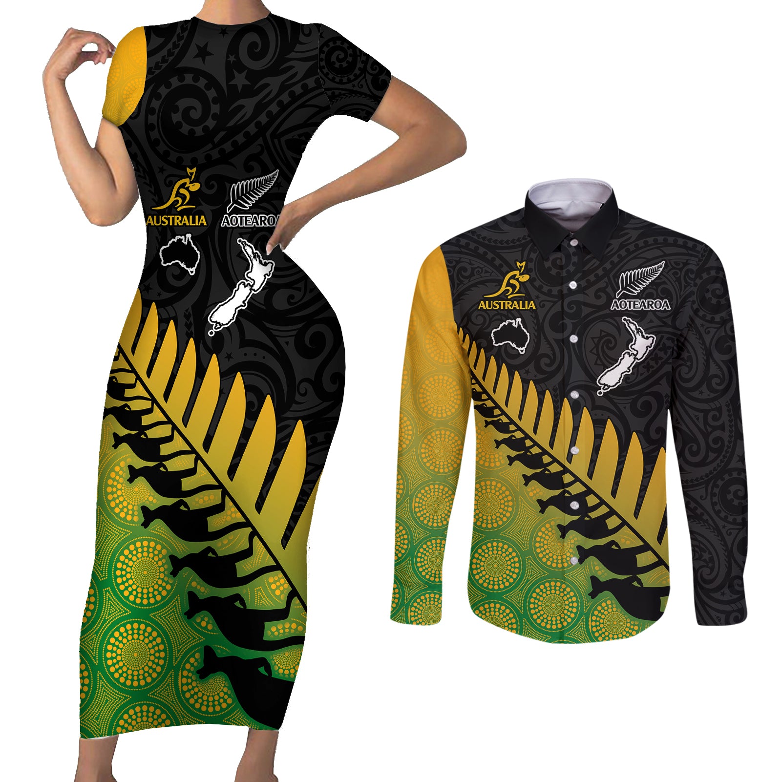 australia-wallabies-and-aotearoa-rugby-couples-matching-short-sleeve-bodycon-dress-and-long-sleeve-button-shirts-kangaroo-black-fern-maori-gradient-vibe