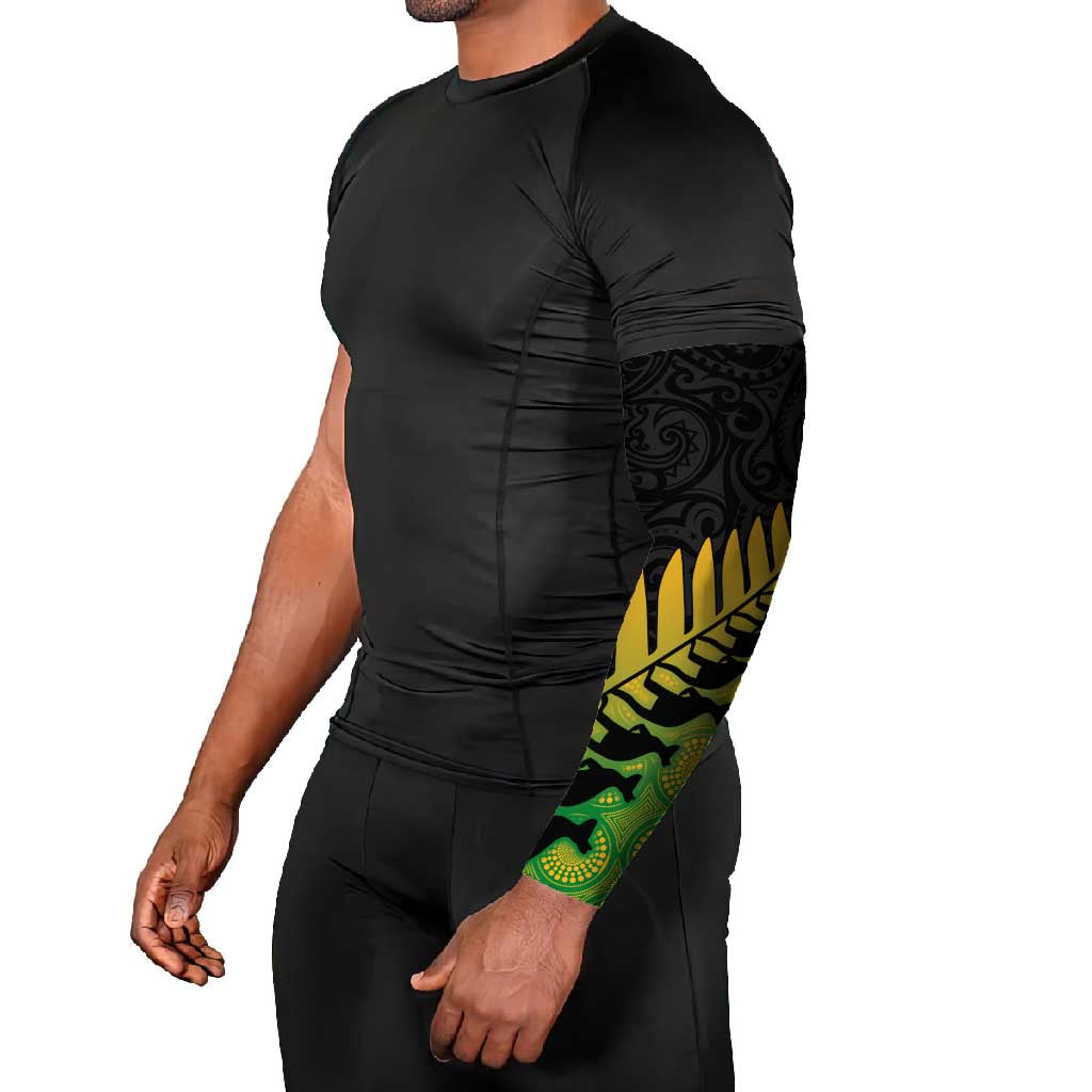 Australia New Zealand Rugby Arm Sleeves Gradient Aboriginal Wallabies and Maori Black Fern - Aussie Hoodie