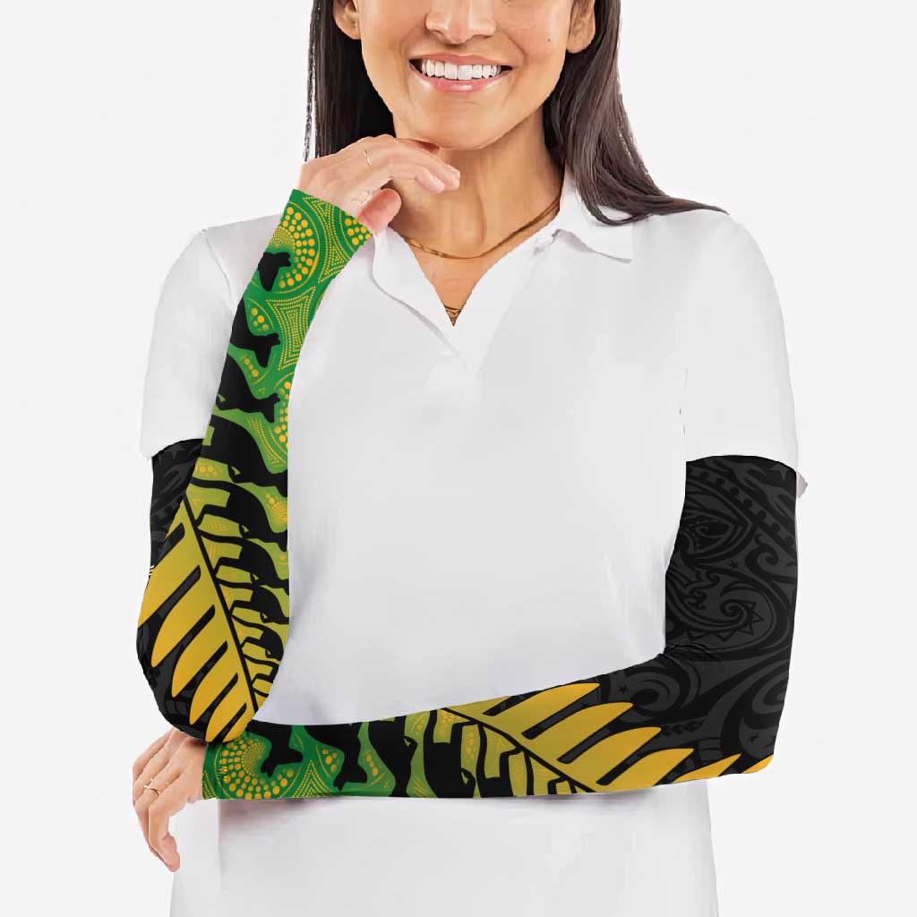 Australia New Zealand Rugby Arm Sleeves Gradient Aboriginal Wallabies and Maori Black Fern - Aussie Hoodie