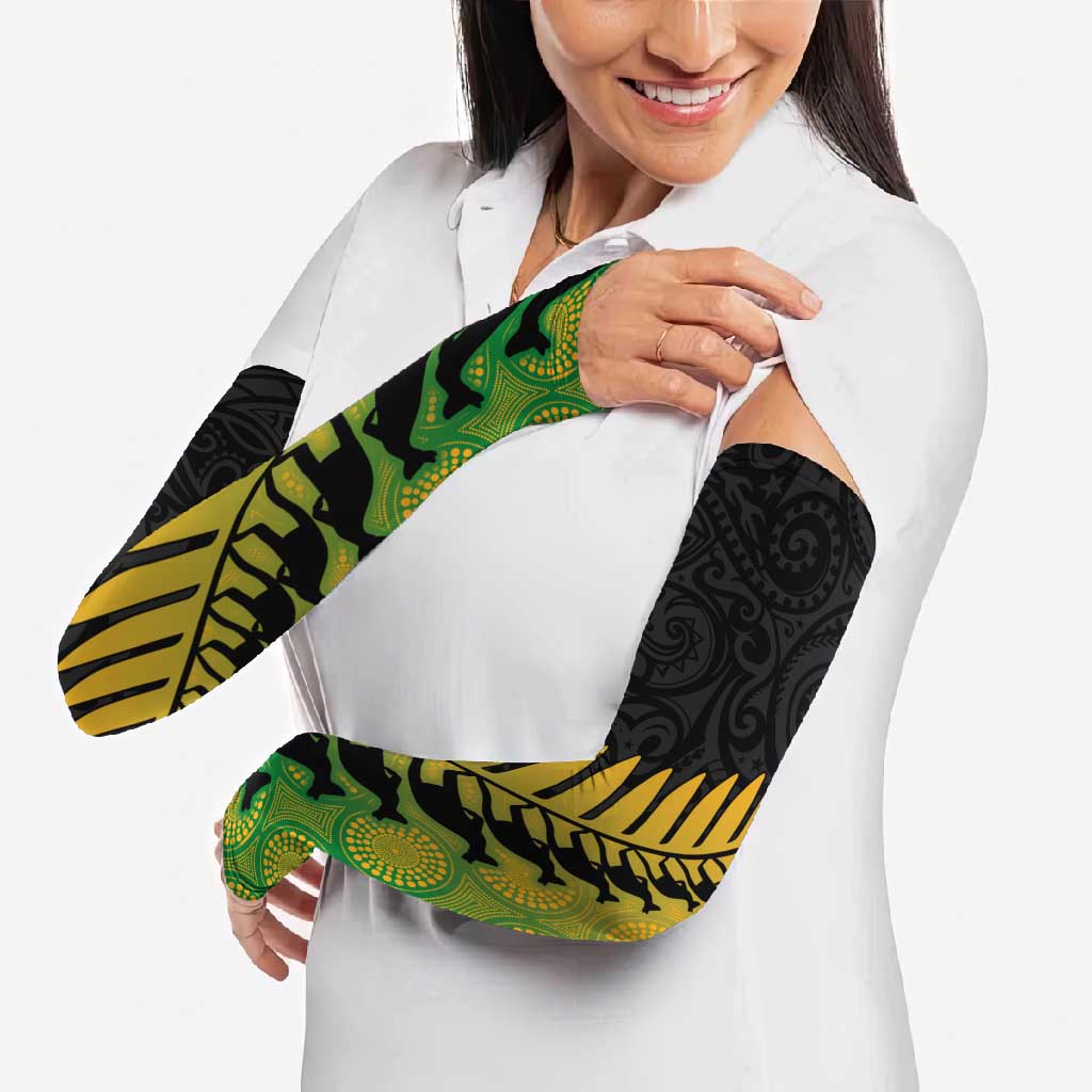 Australia New Zealand Rugby Arm Sleeves Gradient Aboriginal Wallabies and Maori Black Fern - Aussie Hoodie