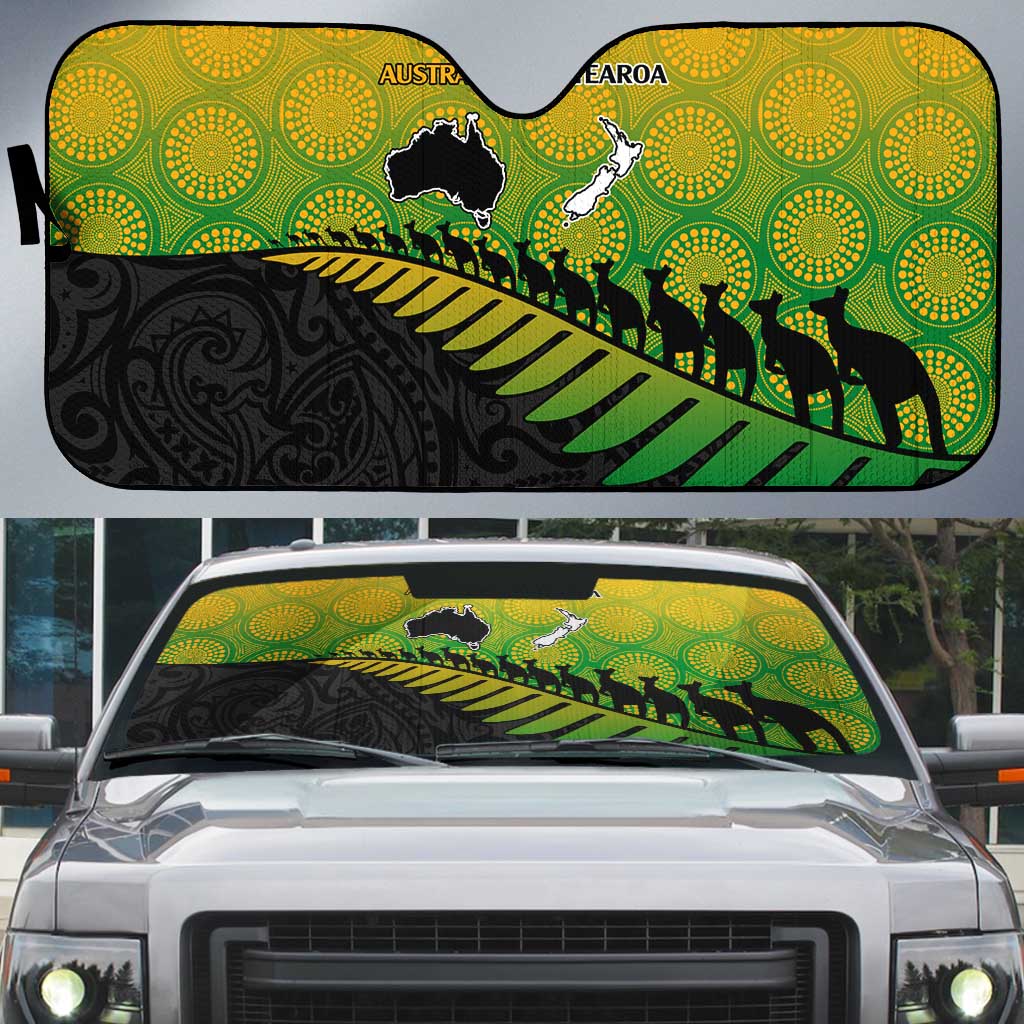 Australia New Zealand Rugby Auto Sun Shade Gradient Aboriginal Wallabies and Maori Black Fern - Aussie Hoodie