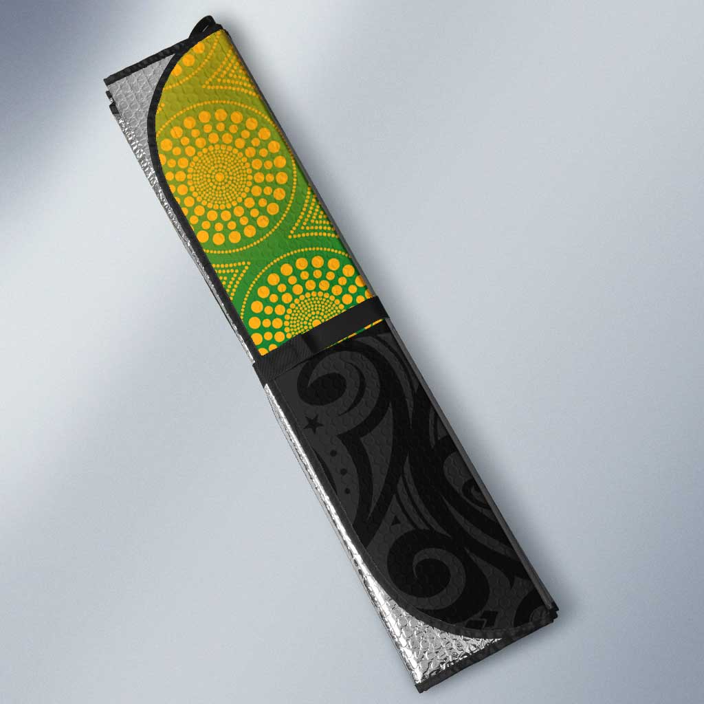 Australia New Zealand Rugby Auto Sun Shade Gradient Aboriginal Wallabies and Maori Black Fern - Aussie Hoodie