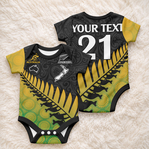 Custom Australia Wallabies and Aotearoa Rugby Baby Onesie Kangaroo Black Fern Maori Gradient Vibe