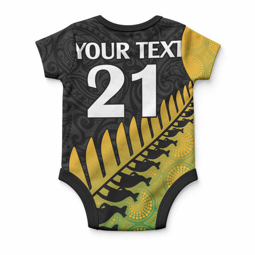 Custom Australia Wallabies and Aotearoa Rugby Baby Onesie Kangaroo Black Fern Maori Gradient Vibe