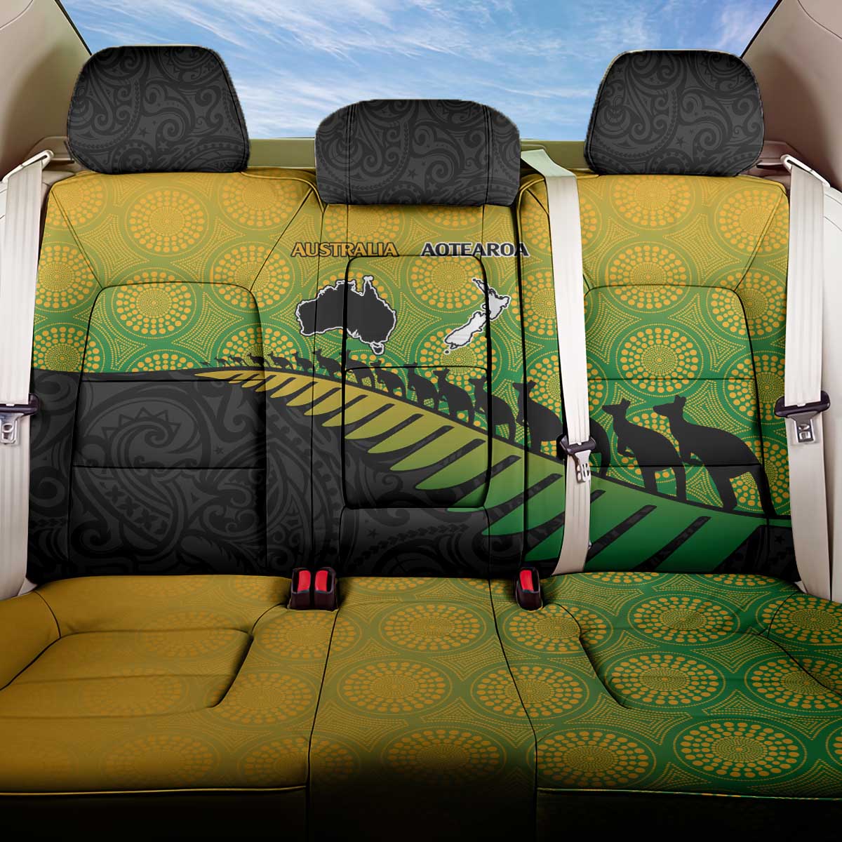 Australia New Zealand Rugby Back Car Seat Cover Gradient Aboriginal Wallabies and Maori Black Fern - Aussie Hoodie