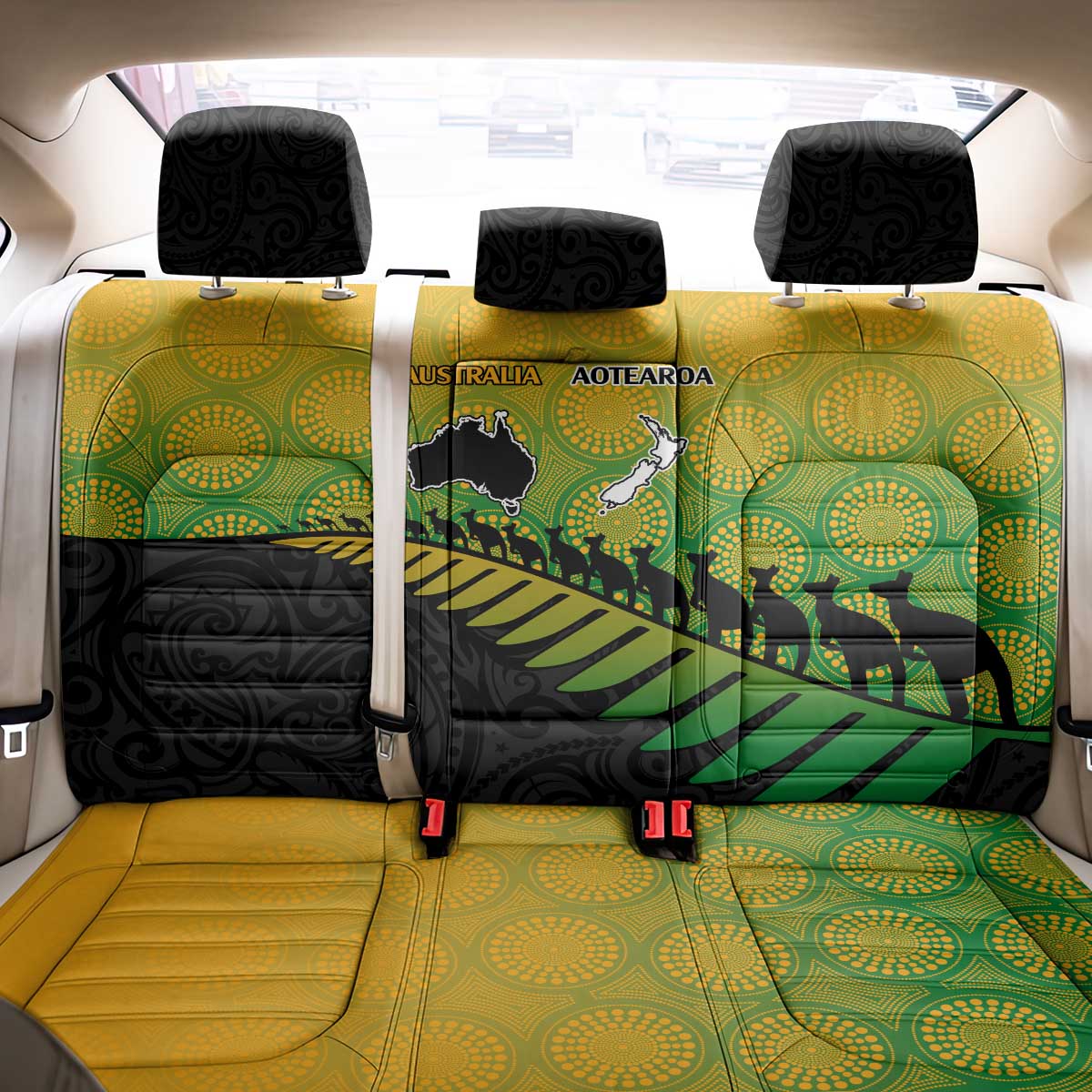 Australia New Zealand Rugby Back Car Seat Cover Gradient Aboriginal Wallabies and Maori Black Fern - Aussie Hoodie