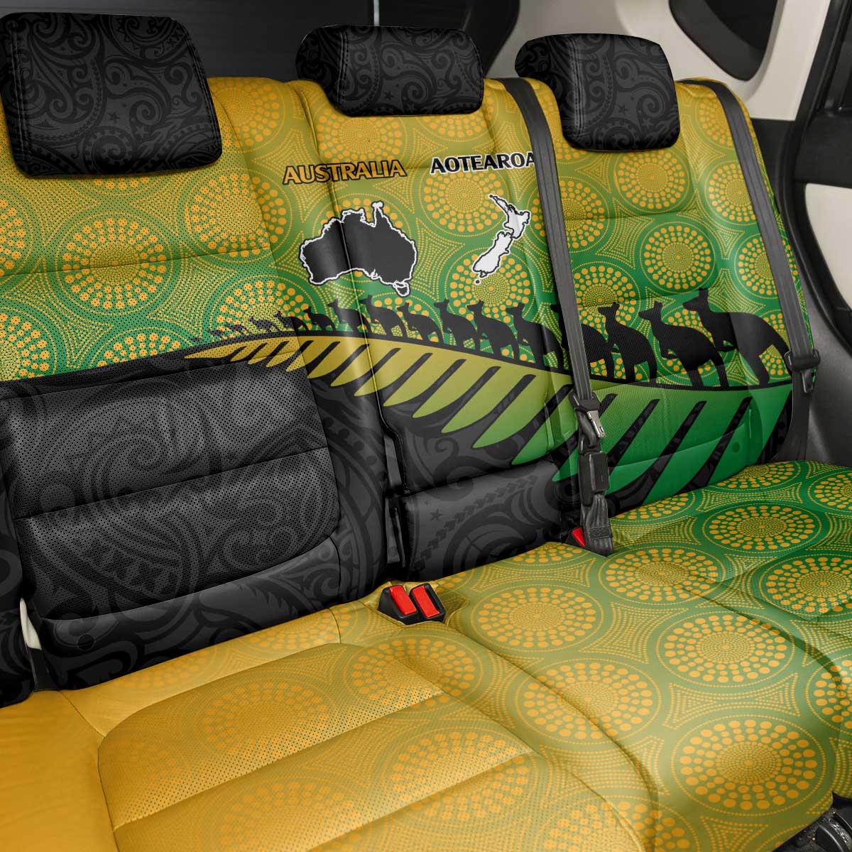 Australia New Zealand Rugby Back Car Seat Cover Gradient Aboriginal Wallabies and Maori Black Fern - Aussie Hoodie