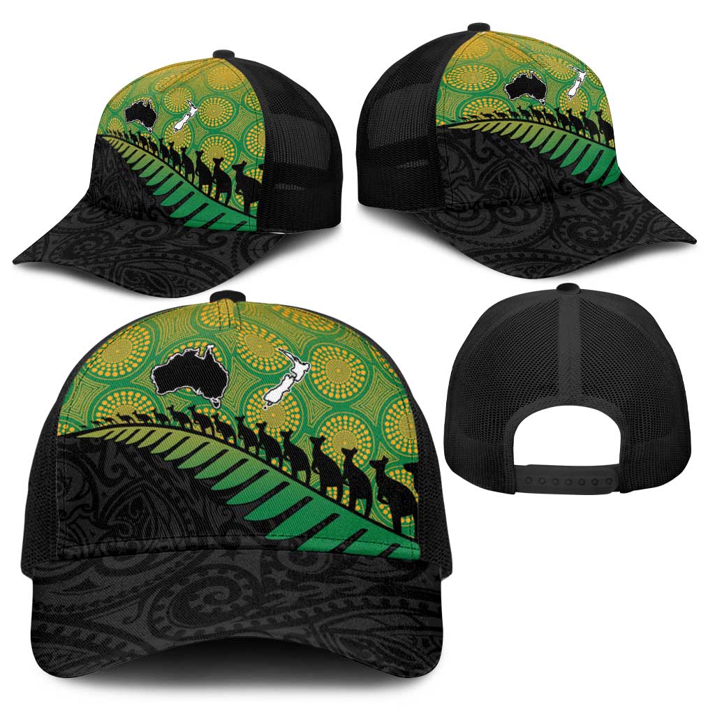 Australia New Zealand Rugby Baseball Net Cap Gradient Aboriginal Wallabies and Maori Black Fern - Aussie Hoodie