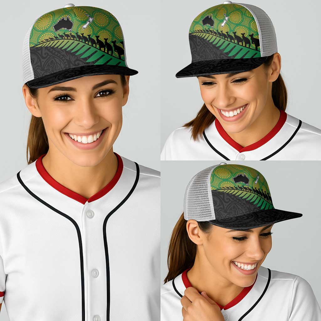 Australia New Zealand Rugby Baseball Net Cap Gradient Aboriginal Wallabies and Maori Black Fern - Aussie Hoodie