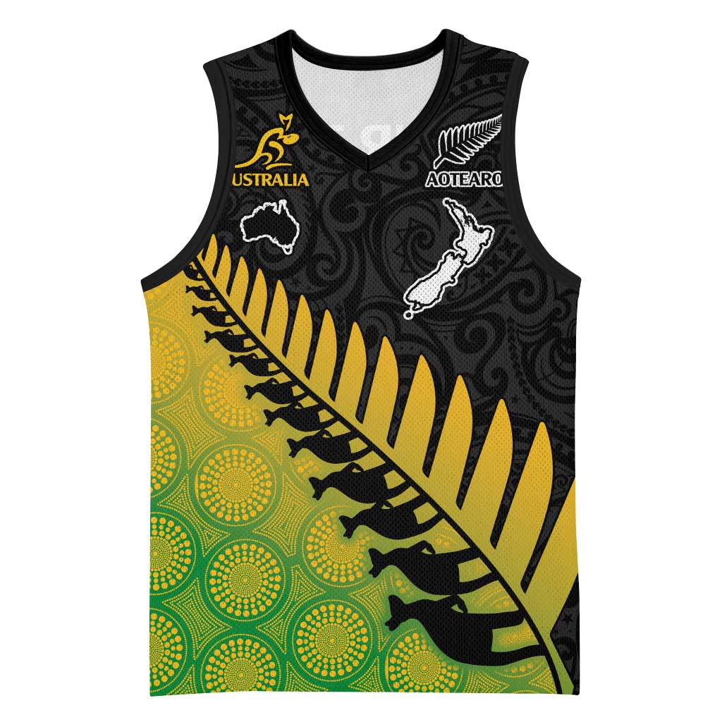Australia New Zealand Rugby Basketball Jersey Gradient Aboriginal Wallabies and Maori Black Fern - Aussie Hoodie