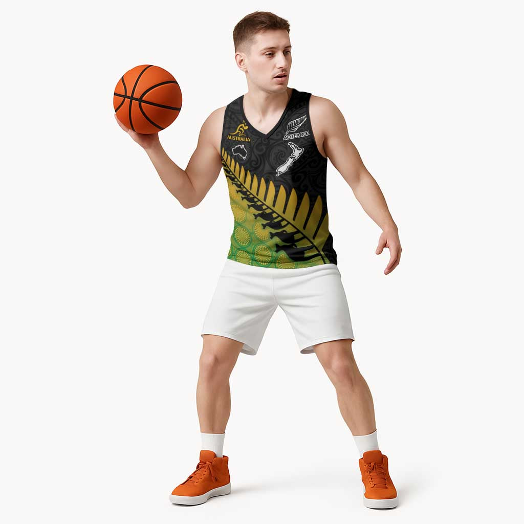 Australia New Zealand Rugby Basketball Jersey Gradient Aboriginal Wallabies and Maori Black Fern - Aussie Hoodie