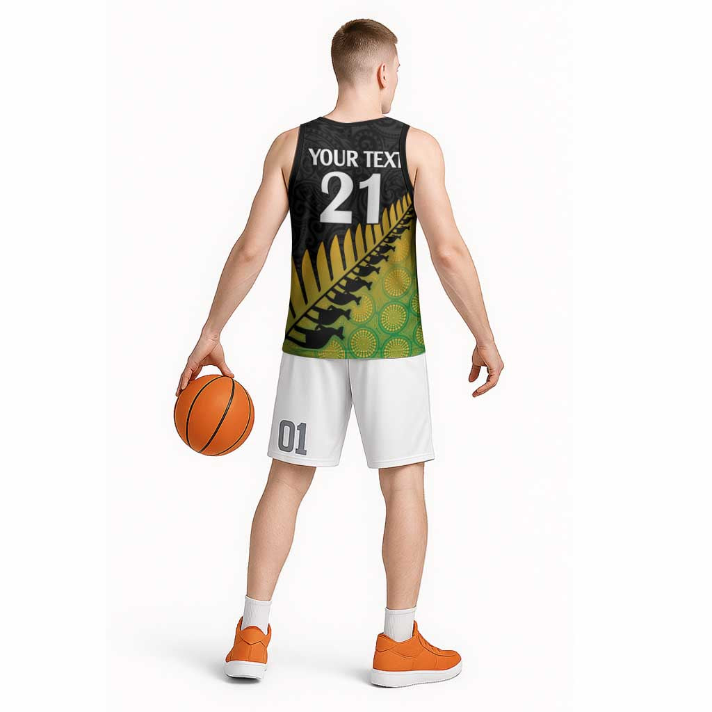 Australia New Zealand Rugby Basketball Jersey Gradient Aboriginal Wallabies and Maori Black Fern - Aussie Hoodie