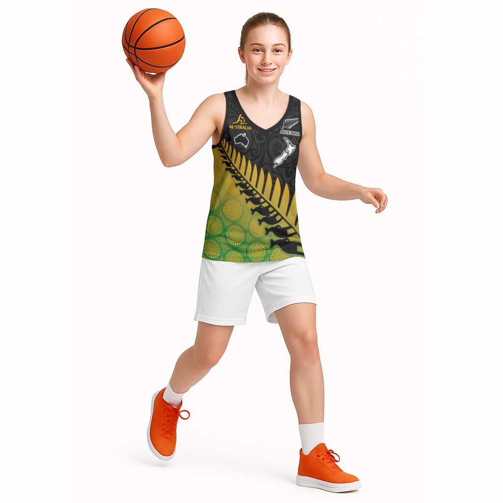 Australia New Zealand Rugby Basketball Jersey Gradient Aboriginal Wallabies and Maori Black Fern - Aussie Hoodie