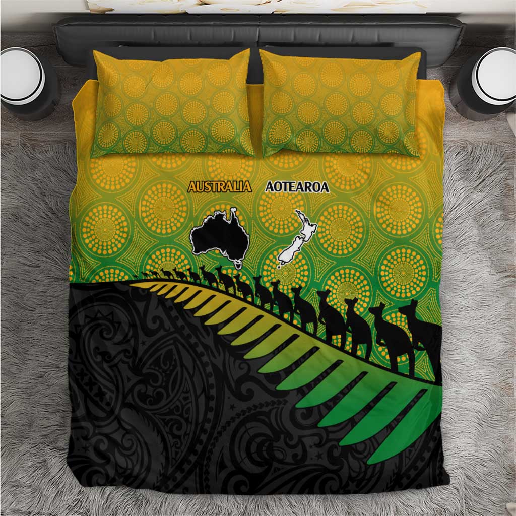 Australia New Zealand Rugby Bedding Set Gradient Aboriginal Wallabies and Maori Black Fern - Aussie Hoodie