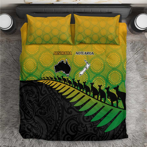 Australia New Zealand Rugby Bedding Set Gradient Aboriginal Wallabies and Maori Black Fern - Aussie Hoodie