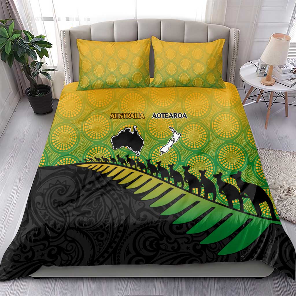 Australia New Zealand Rugby Bedding Set Gradient Aboriginal Wallabies and Maori Black Fern - Aussie Hoodie