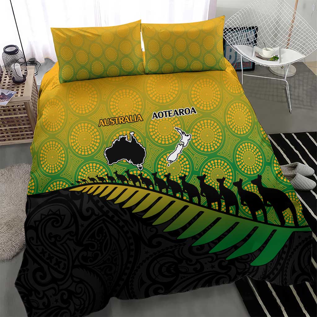Australia New Zealand Rugby Bedding Set Gradient Aboriginal Wallabies and Maori Black Fern - Aussie Hoodie