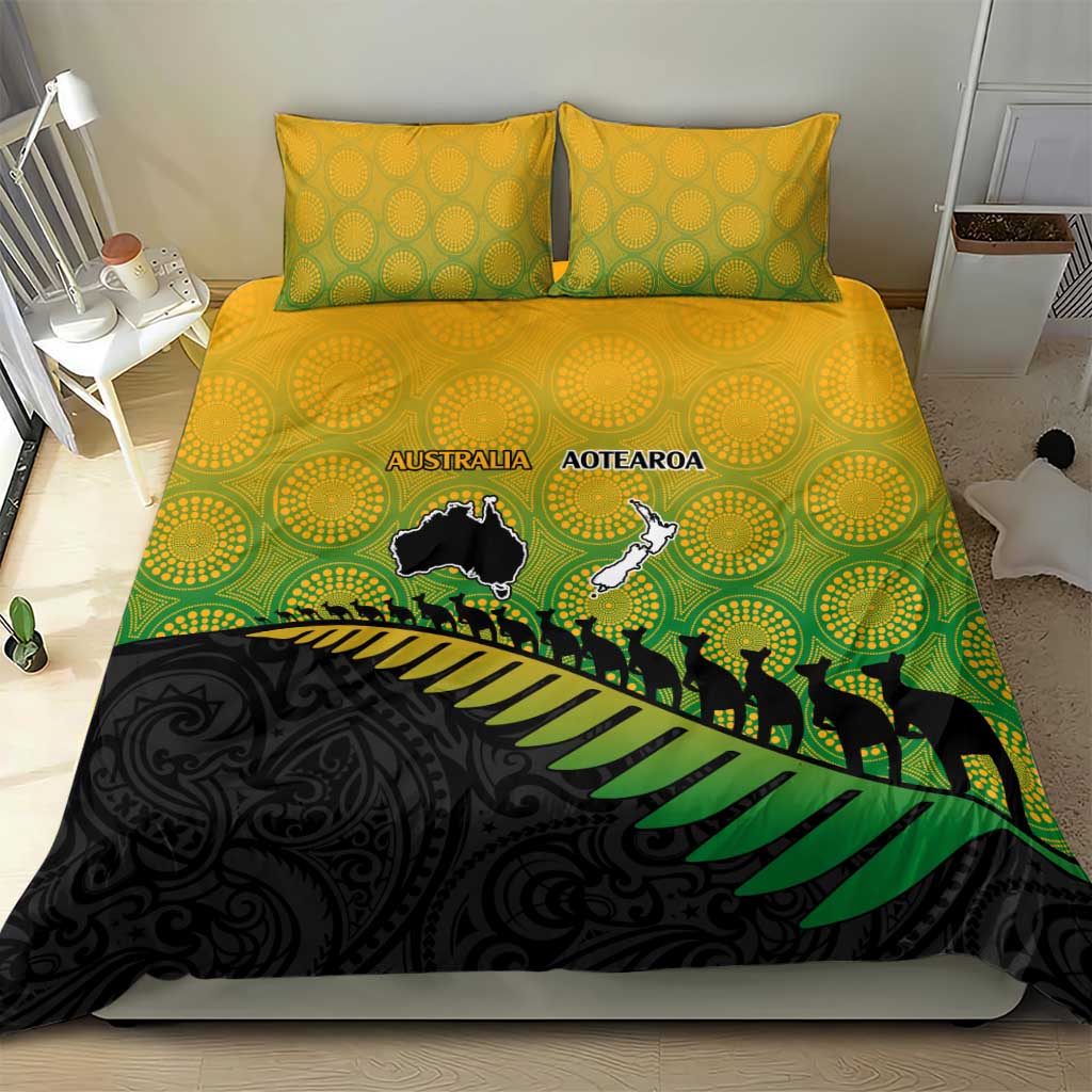 Australia New Zealand Rugby Bedding Set Gradient Aboriginal Wallabies and Maori Black Fern - Aussie Hoodie