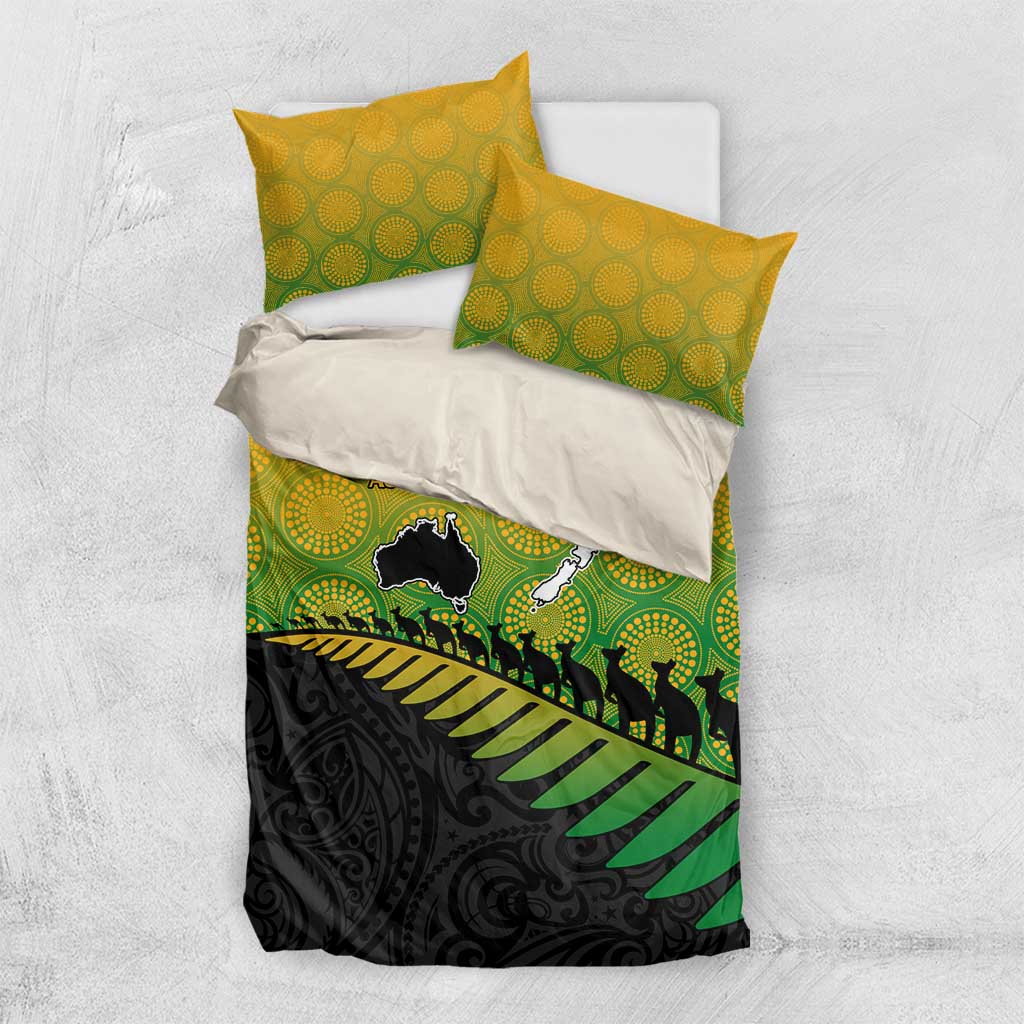 Australia New Zealand Rugby Bedding Set Gradient Aboriginal Wallabies and Maori Black Fern - Aussie Hoodie