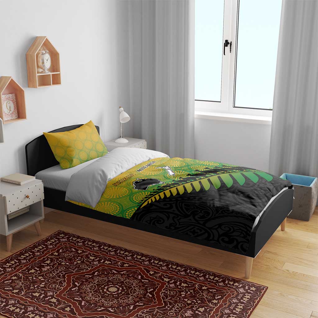 Australia New Zealand Rugby Bedding Set Gradient Aboriginal Wallabies and Maori Black Fern - Aussie Hoodie