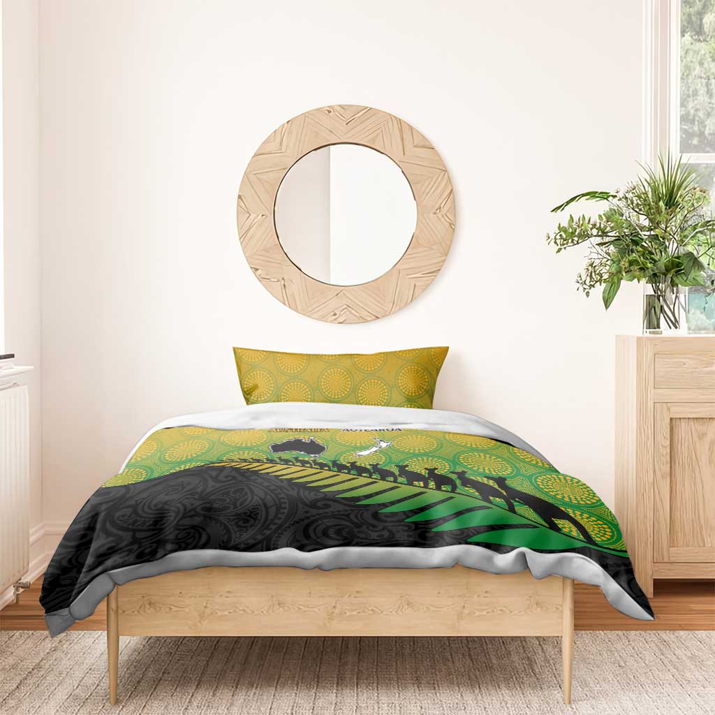 Australia New Zealand Rugby Bedding Set Gradient Aboriginal Wallabies and Maori Black Fern - Aussie Hoodie