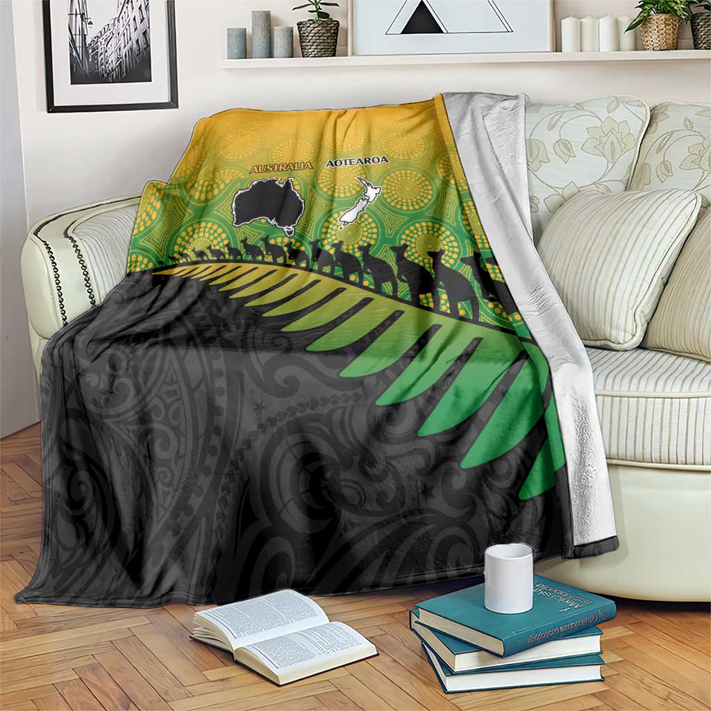 Australia New Zealand Rugby Blanket Gradient Aboriginal Wallabies and Maori Black Fern - Aussie Hoodie