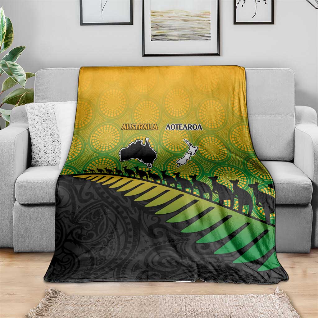 Australia New Zealand Rugby Blanket Gradient Aboriginal Wallabies and Maori Black Fern - Aussie Hoodie