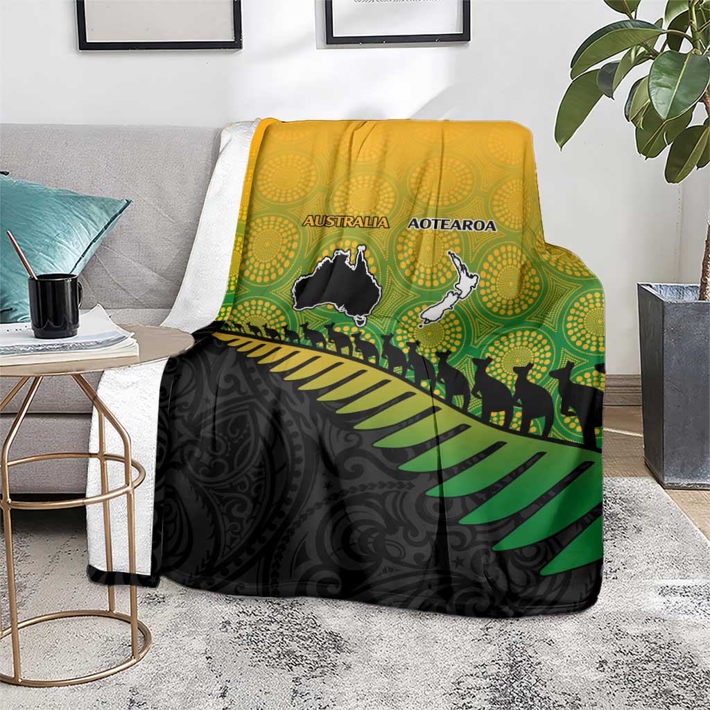 Australia New Zealand Rugby Blanket Gradient Aboriginal Wallabies and Maori Black Fern - Aussie Hoodie