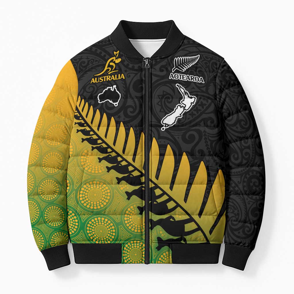 Australia New Zealand Rugby Bomber Puffer Jacket Gradient Aboriginal Wallabies and Maori Black Fern - Aussie Hoodie