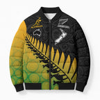 Australia New Zealand Rugby Bomber Puffer Jacket Gradient Aboriginal Wallabies and Maori Black Fern - Aussie Hoodie