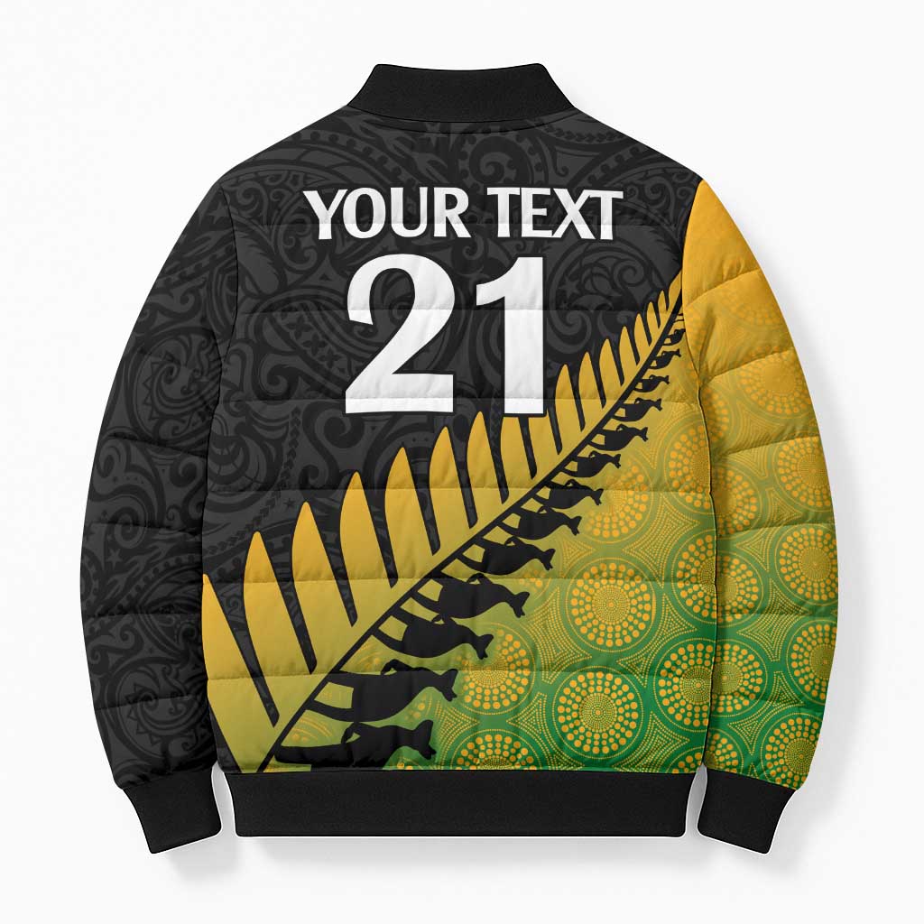 Australia New Zealand Rugby Bomber Puffer Jacket Gradient Aboriginal Wallabies and Maori Black Fern - Aussie Hoodie
