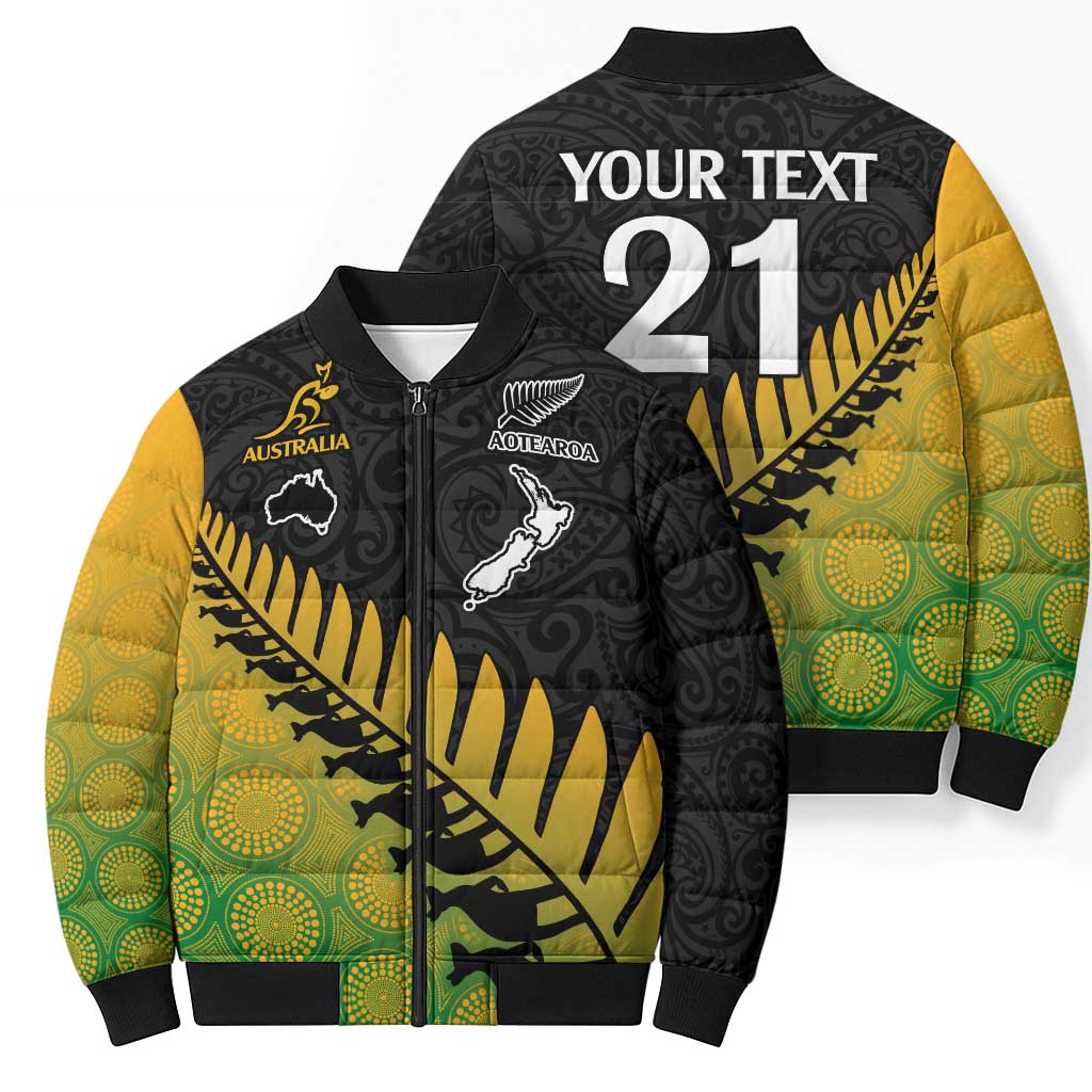 Australia New Zealand Rugby Bomber Puffer Jacket Gradient Aboriginal Wallabies and Maori Black Fern - Aussie Hoodie