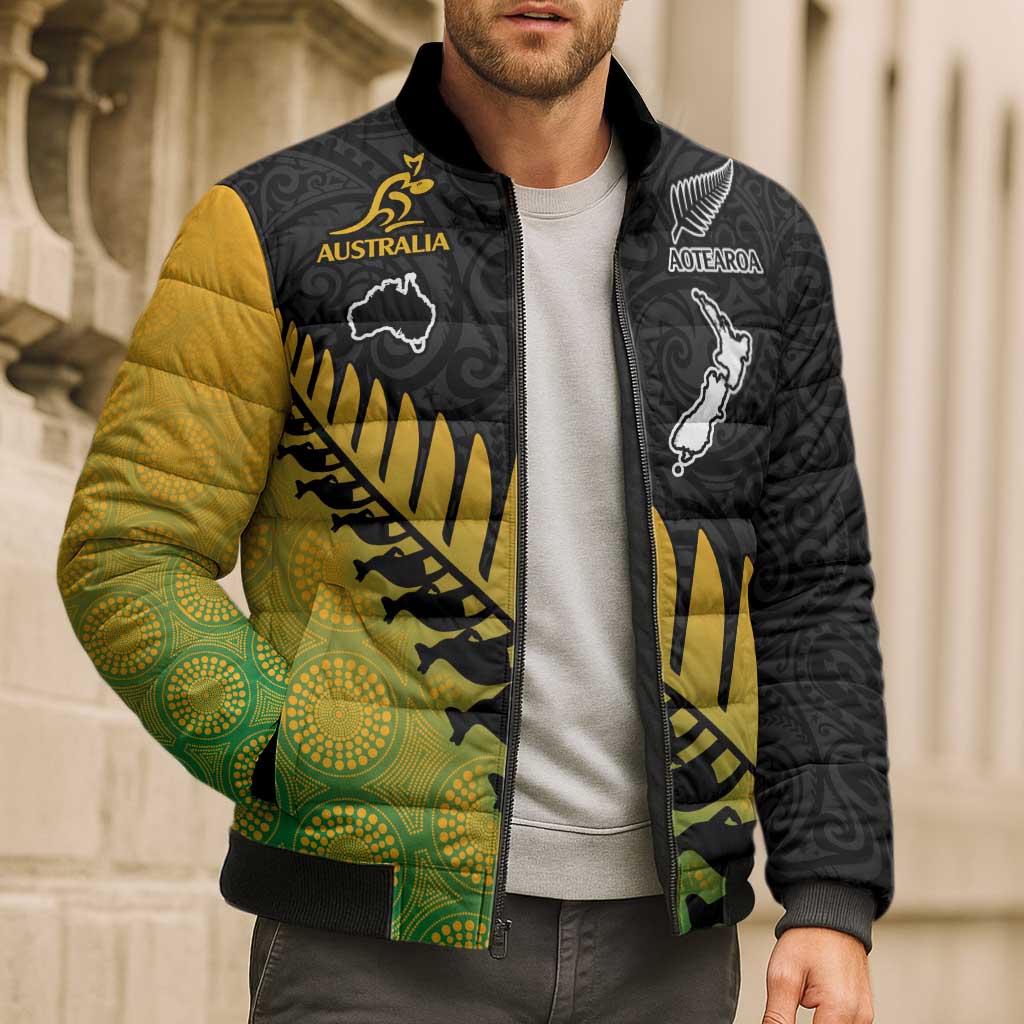 Australia New Zealand Rugby Bomber Puffer Jacket Gradient Aboriginal Wallabies and Maori Black Fern - Aussie Hoodie
