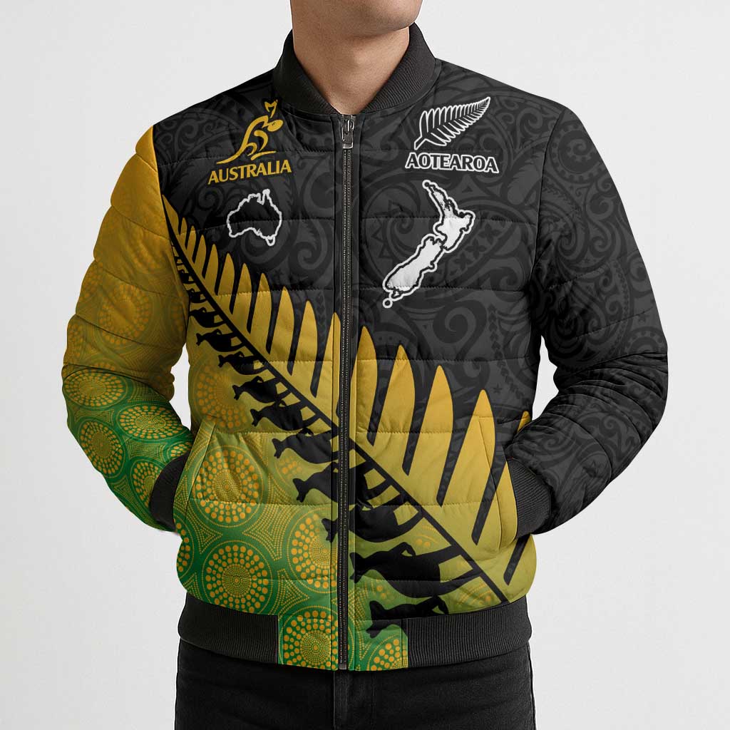 Australia New Zealand Rugby Bomber Puffer Jacket Gradient Aboriginal Wallabies and Maori Black Fern - Aussie Hoodie