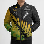 Australia New Zealand Rugby Bomber Puffer Jacket Gradient Aboriginal Wallabies and Maori Black Fern - Aussie Hoodie