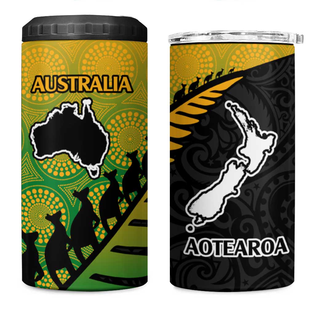 Australia New Zealand Rugby 4 in 1 Can Cooler Tumbler Gradient Aboriginal Wallabies and Maori Black Fern - Aussie Hoodie