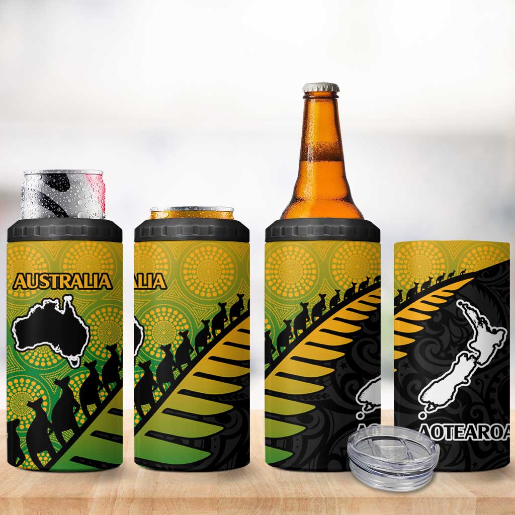 Australia New Zealand Rugby 4 in 1 Can Cooler Tumbler Gradient Aboriginal Wallabies and Maori Black Fern - Aussie Hoodie