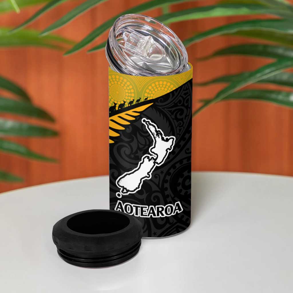 Australia New Zealand Rugby 4 in 1 Can Cooler Tumbler Gradient Aboriginal Wallabies and Maori Black Fern - Aussie Hoodie