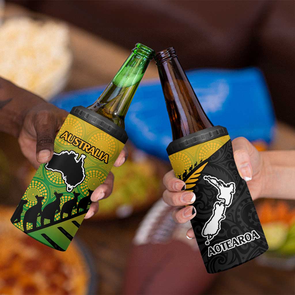 Australia New Zealand Rugby 4 in 1 Can Cooler Tumbler Gradient Aboriginal Wallabies and Maori Black Fern - Aussie Hoodie