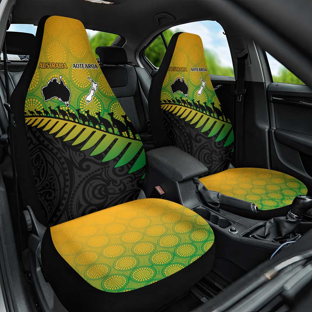 Australia New Zealand Rugby Car Seat Cover Gradient Aboriginal Wallabies and Maori Black Fern - Aussie Hoodie